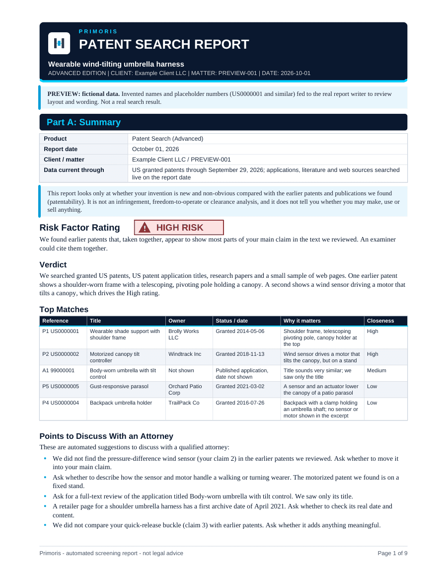 First page of a sample Patent Search (Advanced) report for a fictional canopy harness: a High risk rating badge, a verdict naming two earlier patents, and a top matches table. Fictional data showing the planned layout.